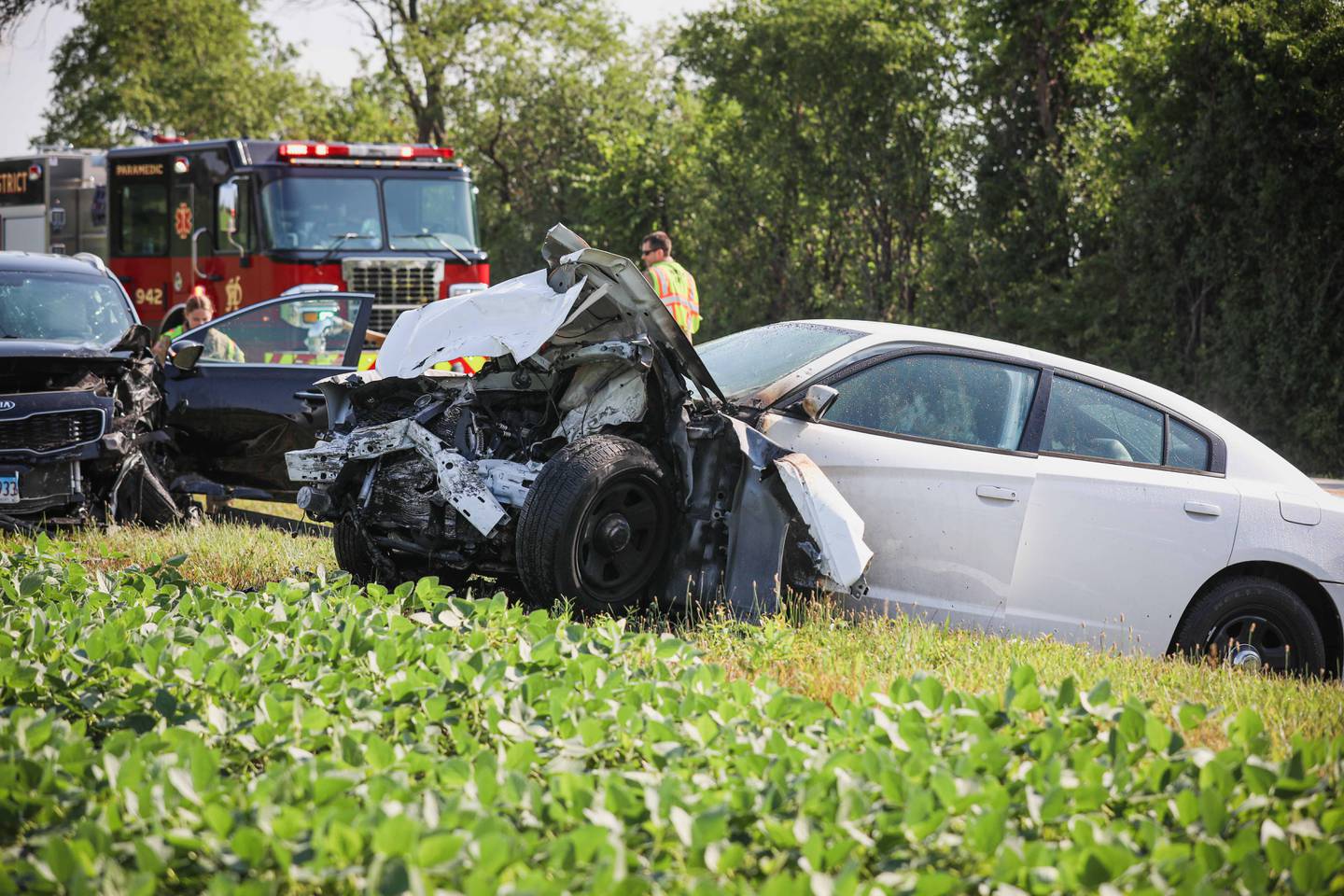 The Huntley Fire Protection District extinguished a fire that started in the engine of a car after a head-on crash on July 9, 2025 near the Haligus and Lakewood roads intersection in Huntley.