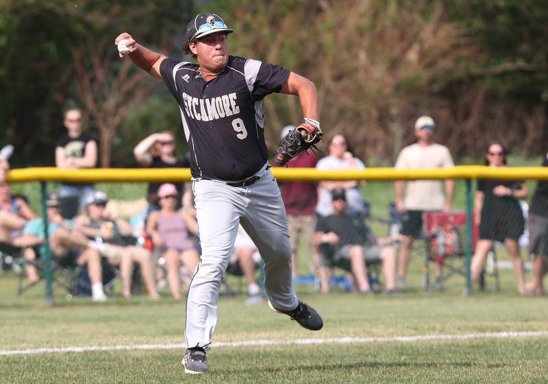 Sycamore's Matthew Rosado makes an off balance throw to first to record an out during their Class 3A regional semifinal against St. Francis Thursday, June 1, 2023, at Kaneland High School in Maple Park.