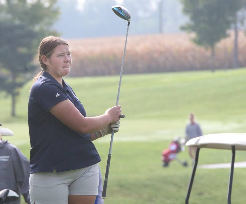Fieldcrest's Jessica Schultz tees off during the Class 1A Regional golf meet on Thursday, Sept. 28, 2023 at Spring Creek Golf Course in Spring Valley.