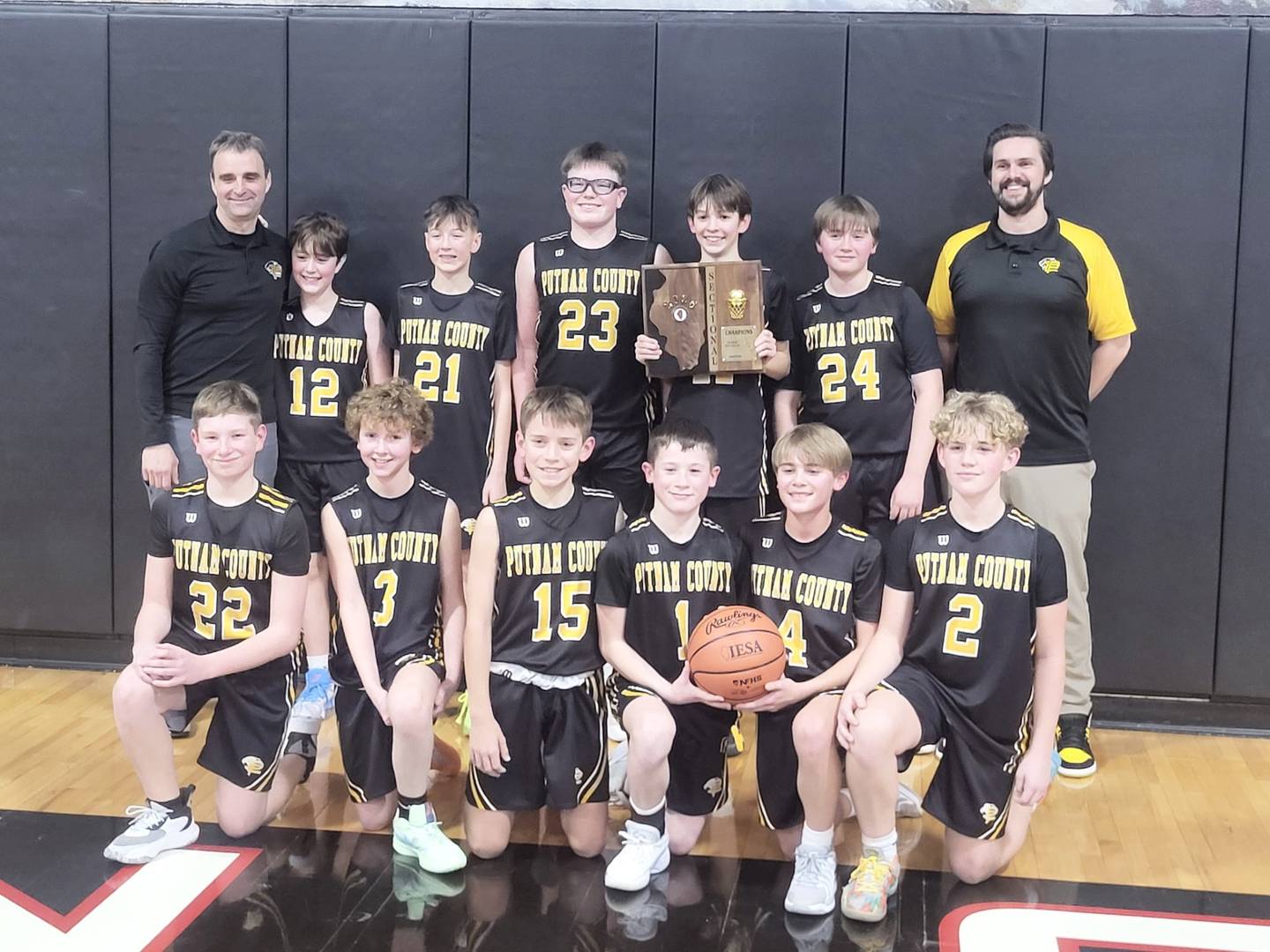 Putnam County defeated host Indian Creek 57-21 to capture the Waterman Sectional seventh grade championship on Monday night. The Pumas (24-1) will face Normal Epiphany at 2:30 p.m. Saturday in the 2A state quarterfinals at Macon Meridian High School. Team members are (front row, from left) Jace Newsome, Mylo Mertel, Liam Judd, Hans Frund, Sean King and Liam Askeland; and (back row) Mike Borri, Jacob Borri, Wyatt Rue, Marshall Holocker, Hudson Heiberger, Mason King and TJ Askeland.