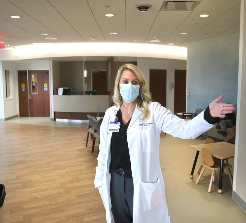Kristen Tindall, emergency department manager at Northwestern Medicine Kishwaukee Hospital, talks Wednesday, Oct. 20, 2021, about some of the new features in the reception and waiting area in the department during a tour of the recently opened phase 1 at the facility. The full $12 million renovation of the emergency department is expected to be completed in Sept. 2022.