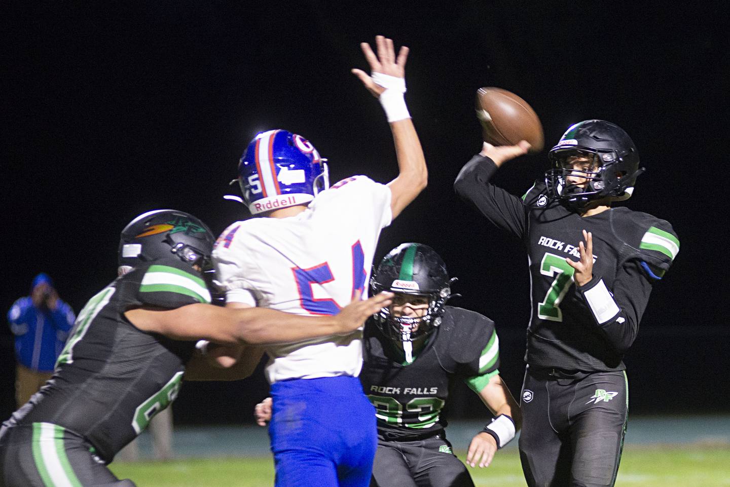 Rock Falls’ Vincent Lombardo fires a pass Friday, Sept. 23, 2022 against Genoa-Kingston.