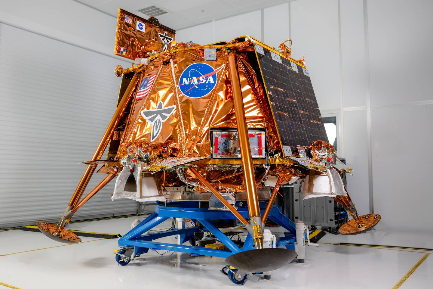 The Blue Ghost Lunar Lander sits in a cleanroom at Firefly Aerospace in Texas before launching on its mission to the moon.