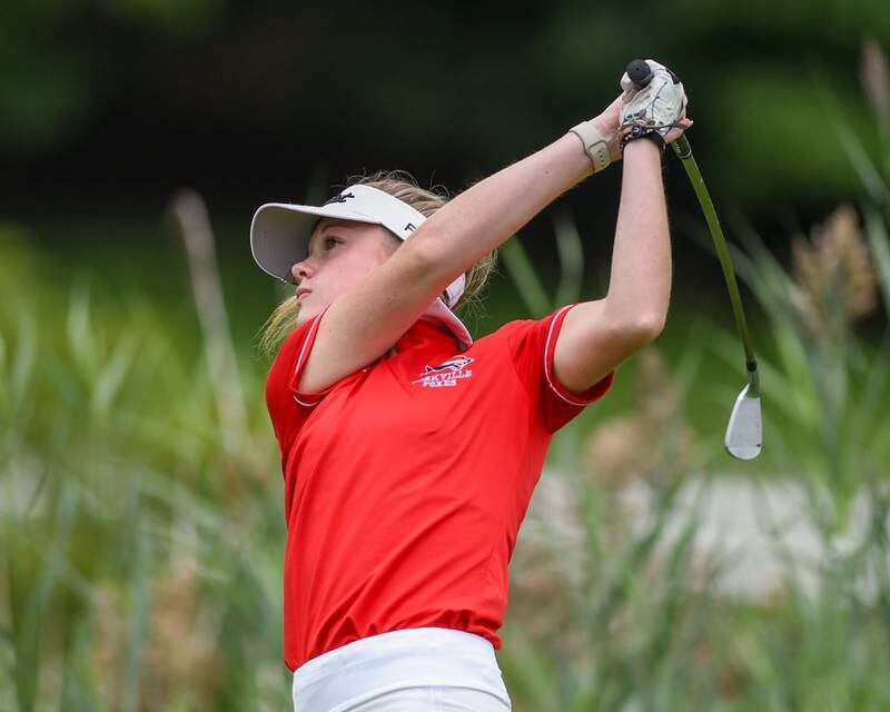 Yorkville Katie Calder tees off during the front half of the regional match on Thursday Sep. 28, 2023, held at Whitetail Ridge in Yorkville.