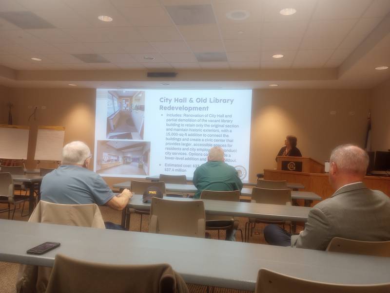 Geneva City Administrator Stephanie Dawkins presents details for a new police station, facilities upgrades and home rule while seeking public input on priorities on Staturday, Nov. 16, 2024 at Fire Station No. 1.
