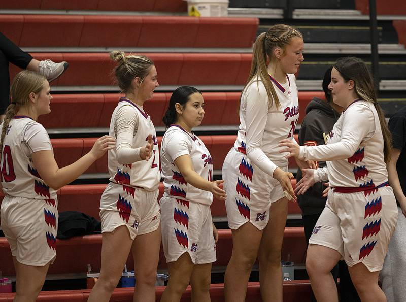 Morrison’s Camryn Veltrop (second from right) celebrates  from the bench as the Fillies near their win over Milledgeville Wednesday, Jan. 22, 2025. Veltrop, last year’s girls player of the year, made her return Wednesday after getting injured in the third game of the season.