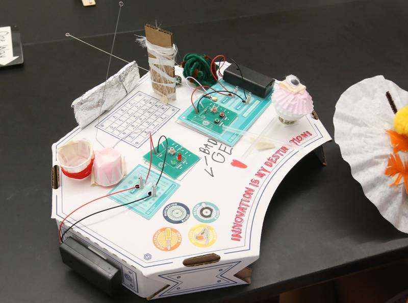 A close up view of a students Morse code project during Inventor Camp on Friday, June 13, 2025, at Central Intermediate School in Ottawa.