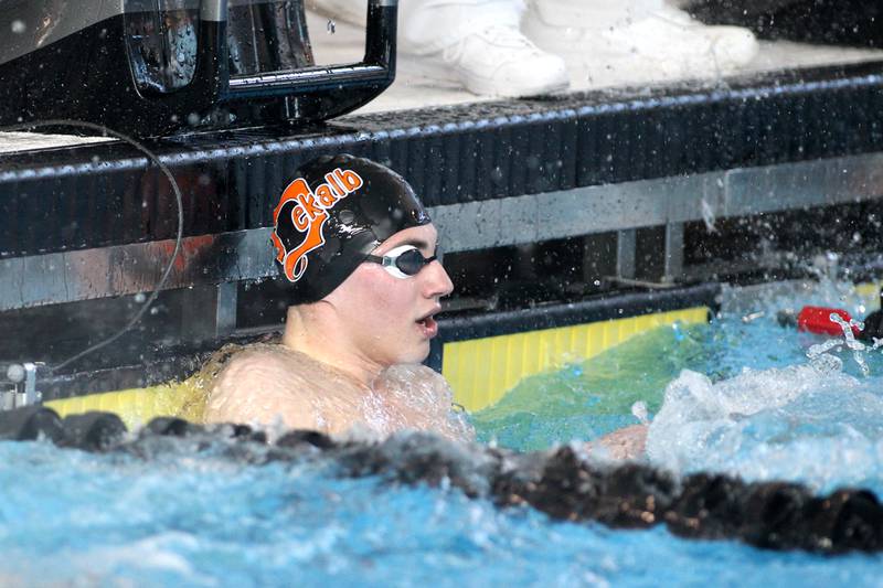 DeKalb’s Jacob Gramer competes in the consolation heat of the 50-yard individual freestyle during the IHSA Boys Swimming and Diving Championships at FMC Natatorium in Westmont on Saturday, Feb. 26. 2022.