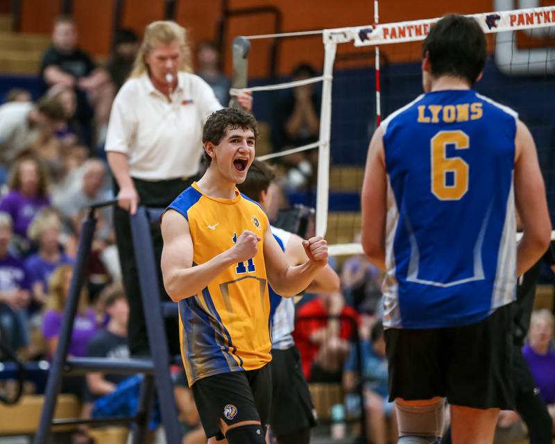 Lyons Zaccary Ruiz (11) celebrates a block and score during Oswego Sectional final between Downers Grove North at Lyons.  May 30, 2023.