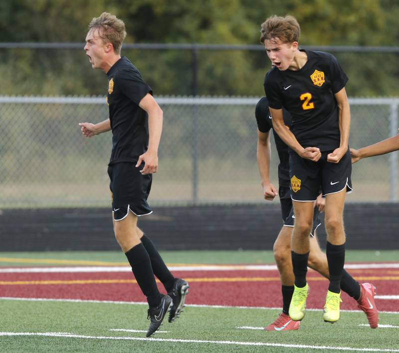 Richmond-Burton's Nate Larsen and William Gardner celebrate a goal during a Kishwaukee River Conference soccer match on Wednesday, Sept. 10, 2025, at Richmond-Burton High School, in Richmond.