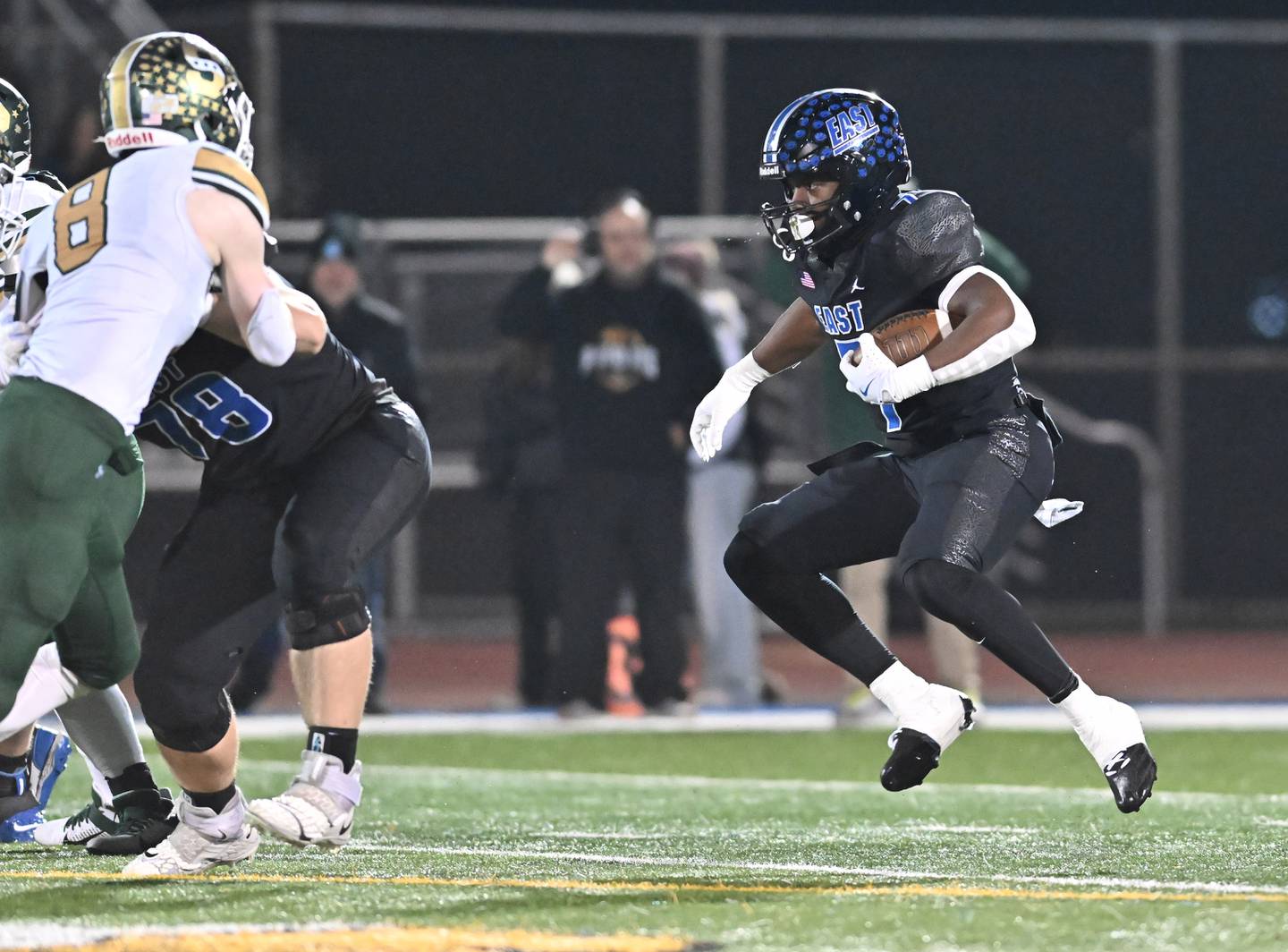 Lincoln-Way East's Zion Gist (7) changing direction during the IHSA Class 8A Quarterfinals game against Stevenson on Friday, Nov. 15, 2024, at Frankfort. (Dean Reid for Shaw Local News)