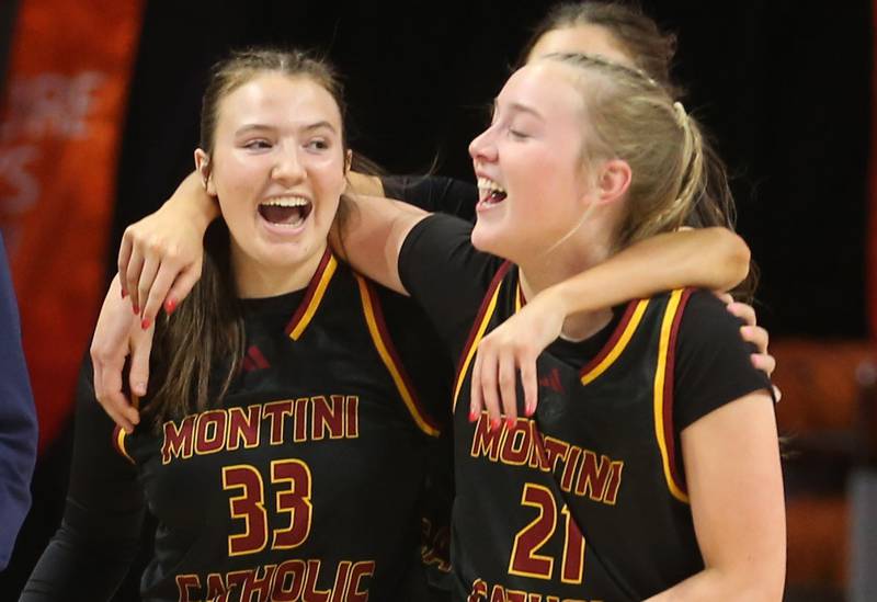 Montini's Peggy Pacelli and Sophie Maquet react after defeating Quiny Notre Dame during the Class 3A State semifinal game on Thursday, March 6, 2025 at CEFCU Arena in Normal.
