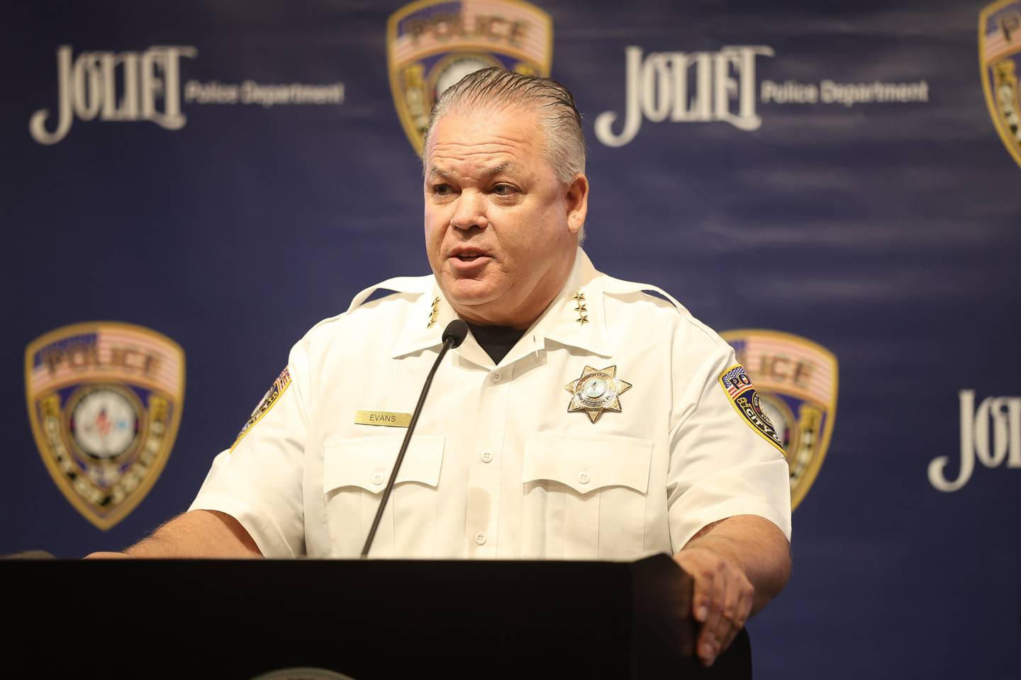 Joliet Police Chief Bill Evans speaks at a press conference regarding the recent arrest of a former Plainfield School District 202 teacher on multiple charges for alleged inappropriate conduct with a student on Monday, April 20, 2026 in Joliet.