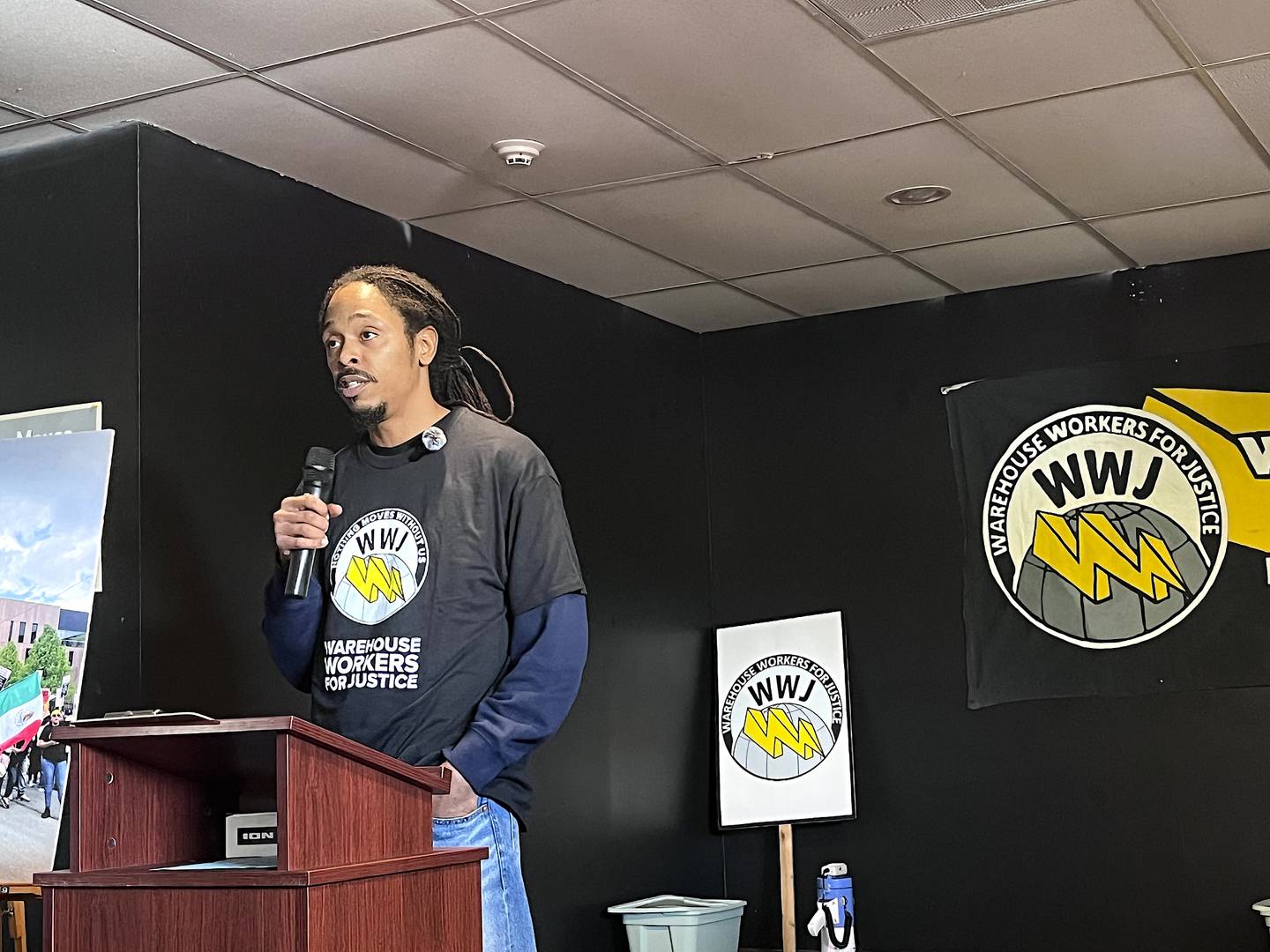 LaBryant Smith, worker leader for Warehouse Workers for Justice, speaks about labor rights for International Workers' Day on Friday, May 1, 2026, in Joliet.