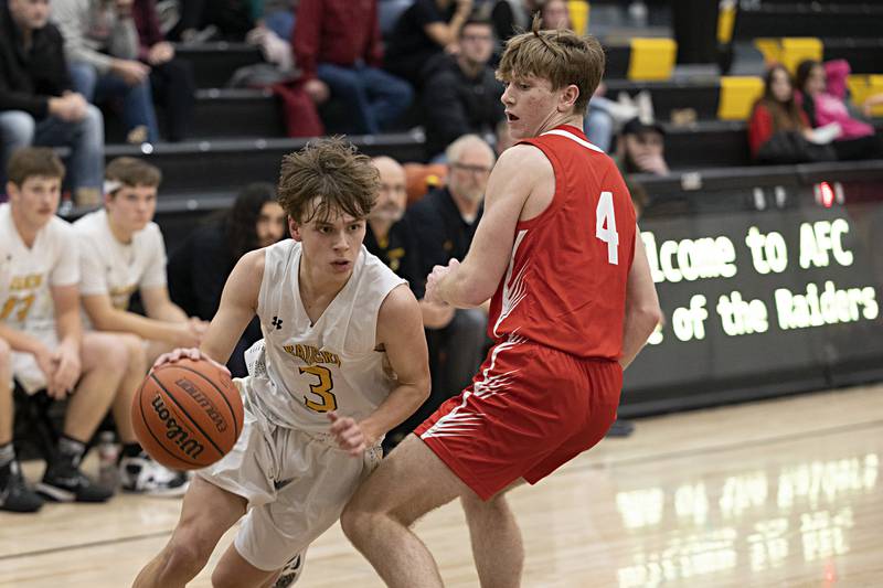 AFC’s Aaron Lester heads for the basket against Oregon’s Jameson Caposey  Wednesday, Nov. 29, 2023 in Ashton.