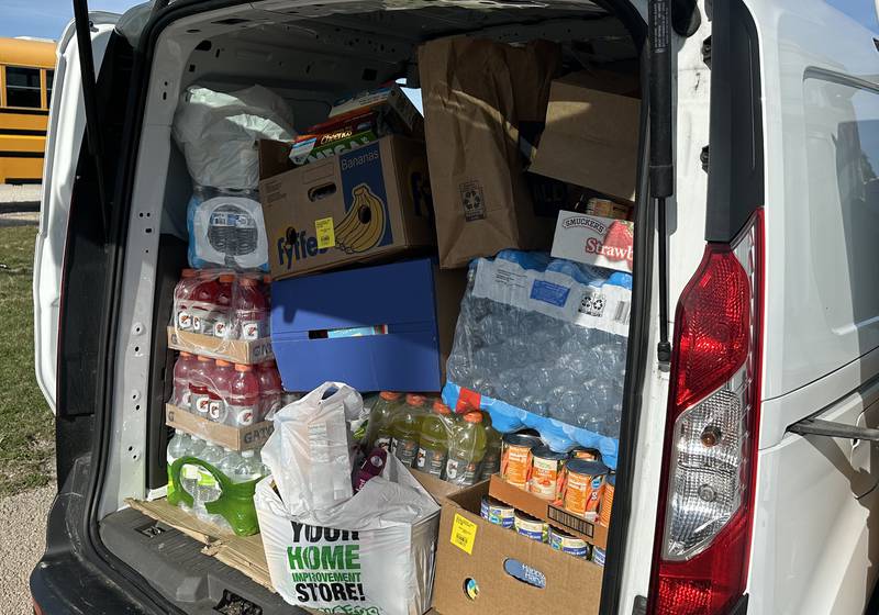 A packed van full of donations to the Hall Township Food Pantry greets fans before the game between Hall and St. Bede baseball on Monday, March 31, 2025 at Schweickert Stadium in Peru. Teams collected items totaling 1,179 pounds of food.