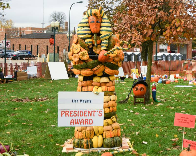 Lisa Mayntz won the President’s award with her pumpkin display on Friday Oct. 27, 2023, held at the Sycamore courthouse lawn during the Sycamore Pumpkin Festival.