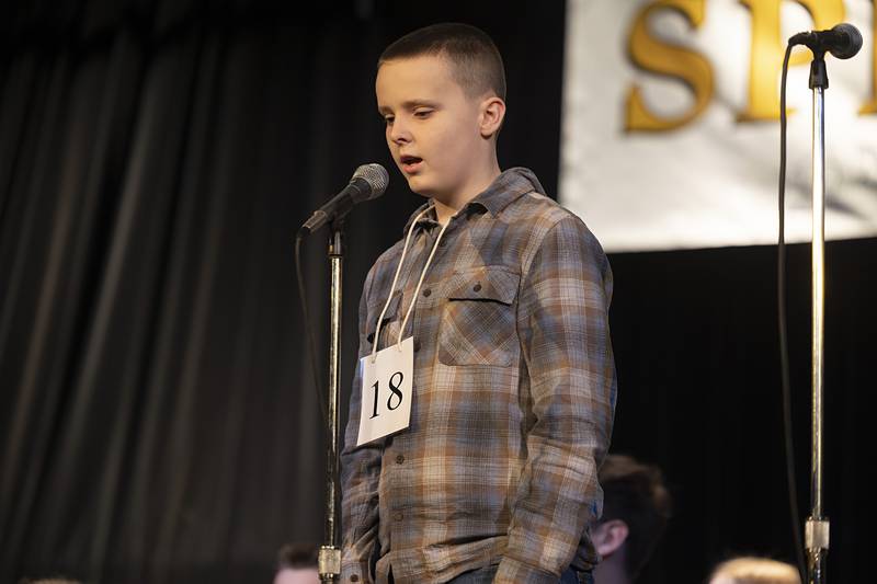 Oden Scanlan of Montmorency competes Thursday, Feb. 19, 2026, during the Lee-Ogle-Whiteside County Regional Spelling Bee. Scanlan went out in round 1 on the word eighth.