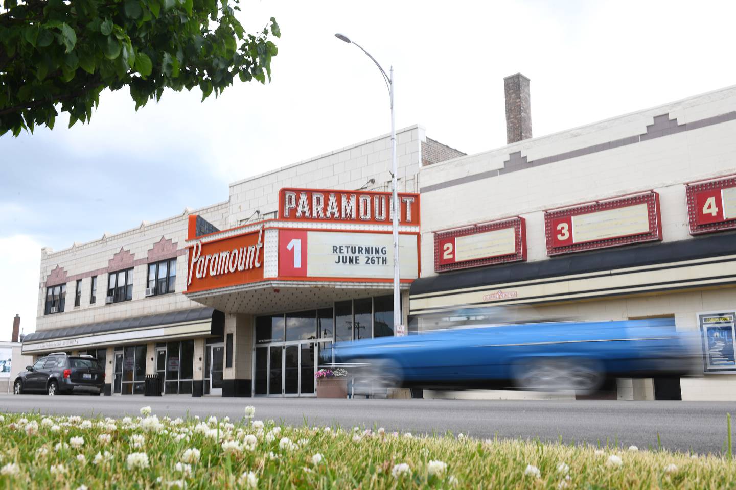 The marquee at Paramount Theatre declares the return date of June 26, 2020, for movie showings at the Kankakee cinema.