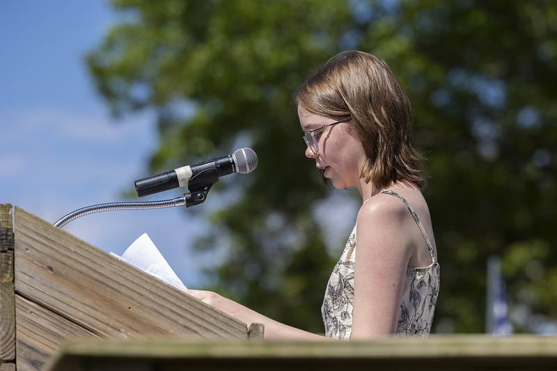 Dixon High School student Charlie Trader reads General Logan’s orders Monday, May 25, 2026, in observance of Memorial Day at Oakwood Cemetery.