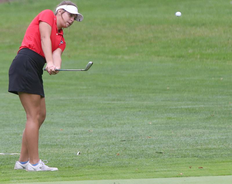 Erie-Phophetstown's Isabella Johnson hits toward the 7th hole during the Class 1A Regional golf meet on Thursday, Sept. 28, 2023 at Spring Creek Golf Course in Spring Valley.
