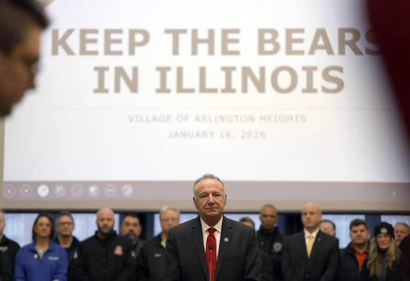 Arlington Heights Mayor Jim Tinaglia urged lawmakers in a news conference on Friday, Jan. 16, 2026, to pass megaproject legislation to keep the Bears from fleeing to Indiana.