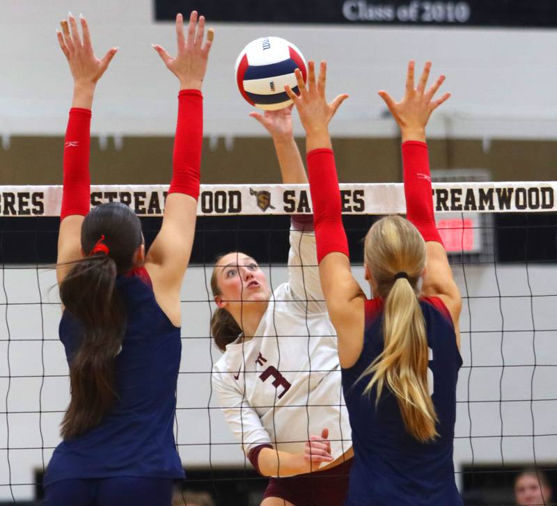 Prairie Ridge’s Abby Smith hits the ball against St. Viator in IHSA Class 3A Super-Sectional girls volleyball at Streamwood High School in Streamwood on Monday, November 10, 2025.
