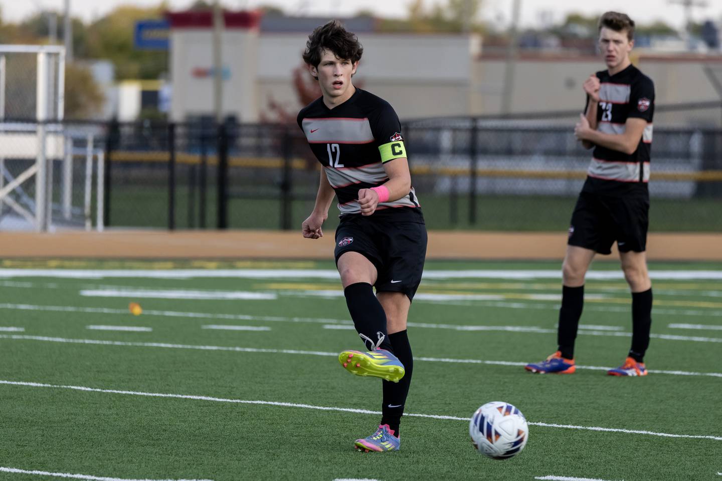 Lincoln-Way Central's Aidan Byrne passes to a teammate during the 3A Joliet West Sectional boys varsity soccer match against Lincoln-Way East at Joliet West on Oct. 29, 2025.