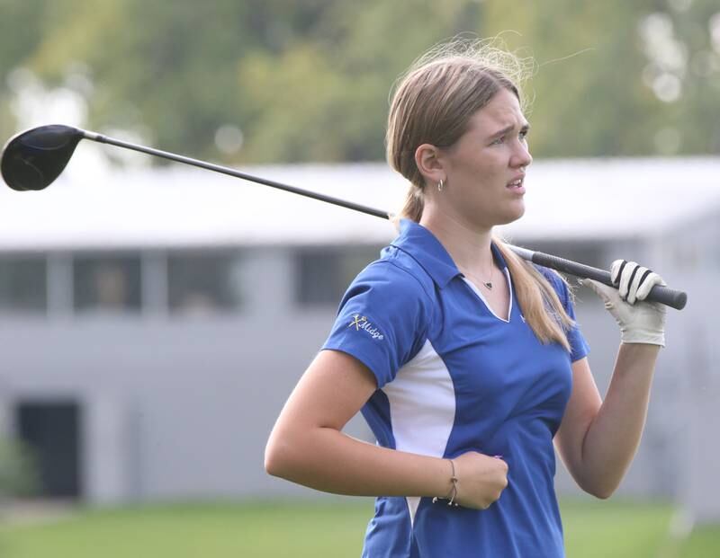 Marquette's Lillian Pollnow tees off during the Class 1A Regional golf meet on Thursday, Sept. 28, 2023 at Spring Creek Golf Course in Spring Valley.