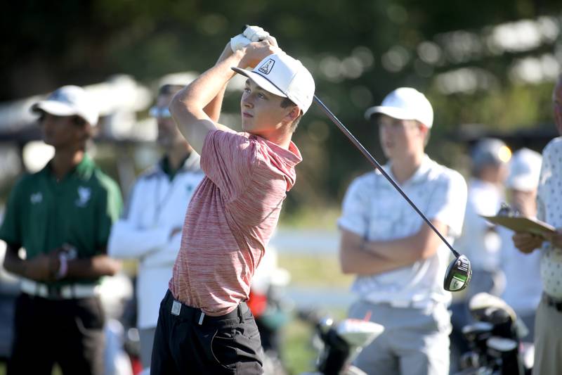 Batavia’s Jimmy Haug tees off during the Class 3A Plainfield North Boys Golf Sectional at Whitetail Ridge Golf Course in Yorkville on Monday, Oct. 2, 2023.