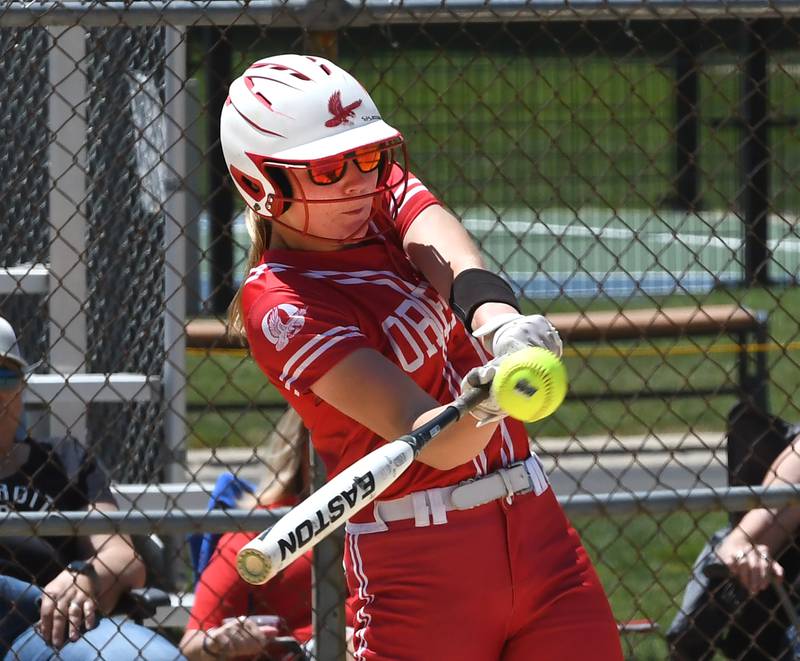 Oregon's Izzy Berg bats against Rock Falls at the 2A Oregon Regional on Saturday, May 23, 2026 at Oregon Park West.