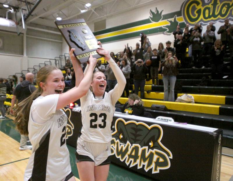 Kaneland’s Samantha Kerry, left, and Kendra Brown celebrate a win in IHSA Class 3A Regional Title Game girls basketball action on Friday, Feb. 21, 2025, at Crystal Lake South High School in Crystal Lake.