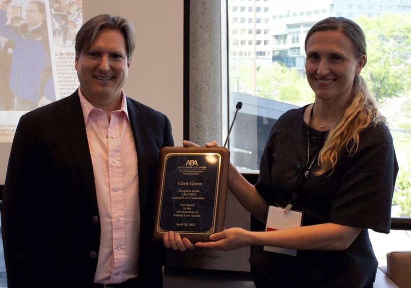 Chris Green, a 1985 graduate of Princeton High School, a 1990 graduate of the University of Illinois and a 2004 graduate of Harvard Law School, has been awarded the American Bar Association’s Excellence in the Advancement of Animal Law Award.