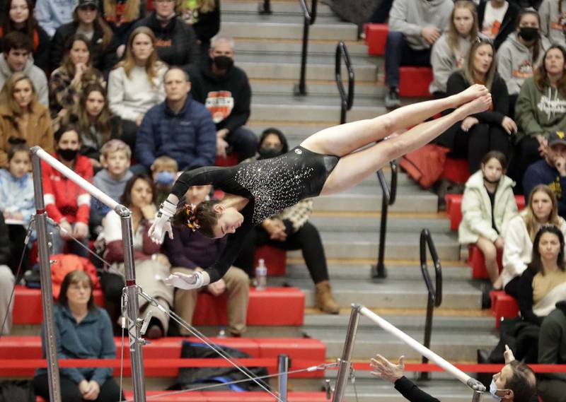 DeKalb’s Madeline Kees competes on the Uneven Parallel Bars during the IHSA Girls Gymnastics State Finals Saturday February 19, 2022 at Palatine High School.