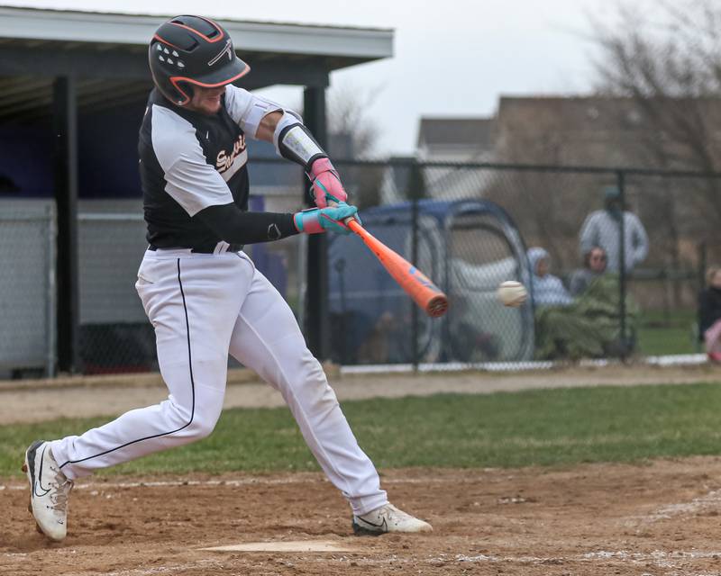 Sandwich's Jeffery Ashley (8) swings at a pitch during baseball game between Sandwich at Plano on Thursday, April 9, 2025 in Plano.