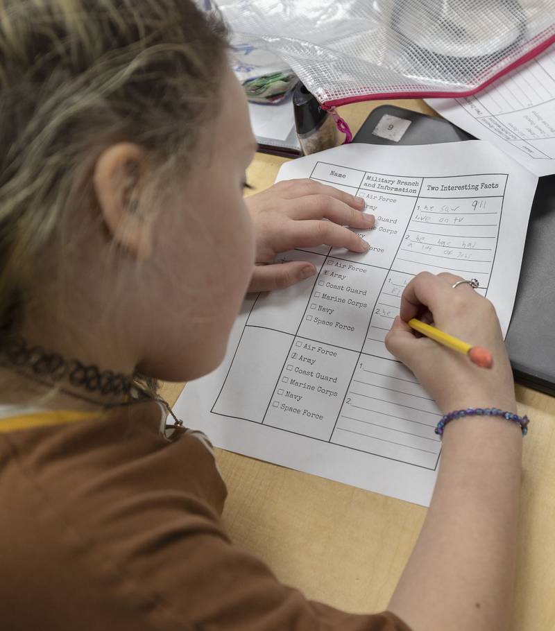 A Merrill School student fills in a question sheet for a veteran speaker Monday, Nov. 10, 2025, in Rock Falls. The students were tasked with asking questions and recording answers from their guest speakers.