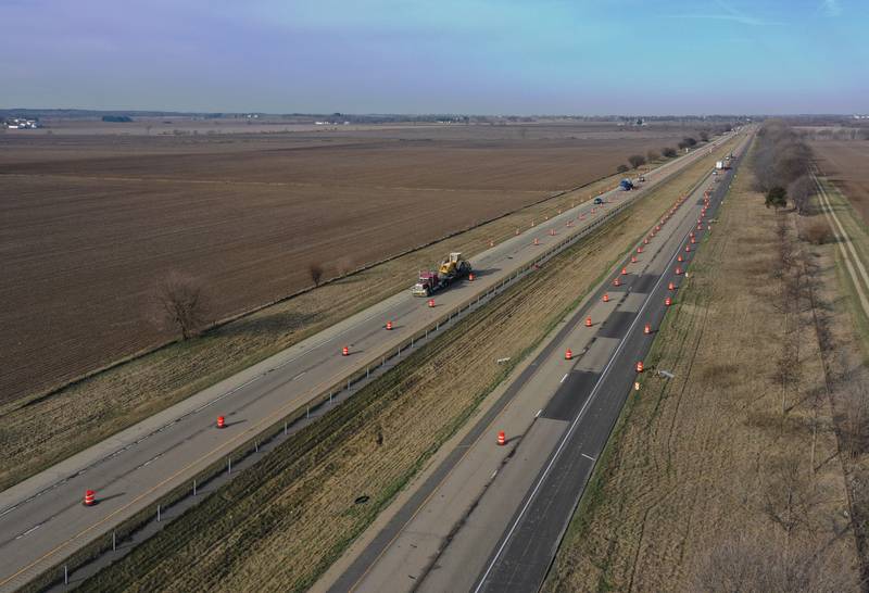 A view of road construction on Interstate 80 on Tuesday, March 12, 2024 in Bureau County. The Illinois Department of Transportation announced a two-year, $36.8 million construction project on nearly 10 miles of Interstate 80 in Bureau County. Resurfacing will take place on I-80 from the Bureau-Henry County line to east of the Route 40 interchange (exit 45).