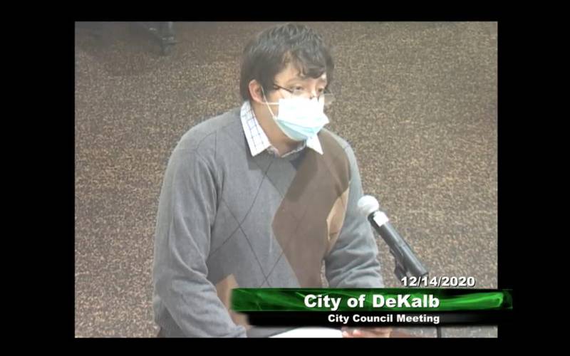 Hunter Ridgebrook resident Sasha Cohen gives public comment during the Monday DeKalb City Council meeting.