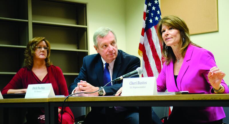 Rep. Cheri Bustos talks during a briefing concerning Thomson Prison on Thursday 
afternoon.