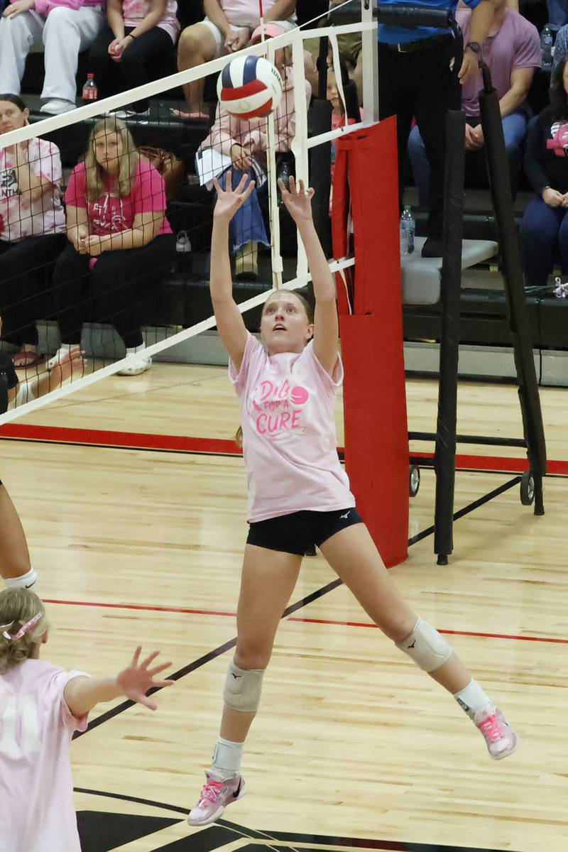 EP's Kaylee Keegan set the ball for teammate Lauren Abbott Tuesday, Oct. 7, 2025, in Prophetstown during their game against the visiting Hall Red Devils.