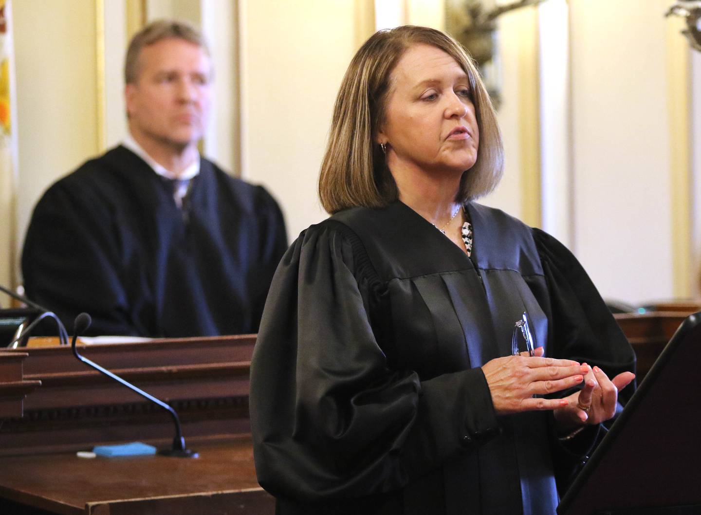 Judge Marcy Buick speaks after being sworn in as a Judge in the 23rd Judicial Circuit Court Friday in Courtroom 300 at the DeKalb County Courthouse. Buick is filling the void left when Judge Robbin Stuckert retired.