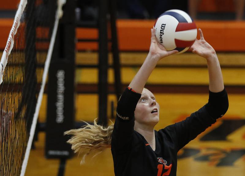 Crystal Lake Central's Katelyn Piech sets the ball during a Fox Valley Conference volleyball match against Huntley on Tuesday,Aug. 26, 2025, at Crystal Lake Central High School.