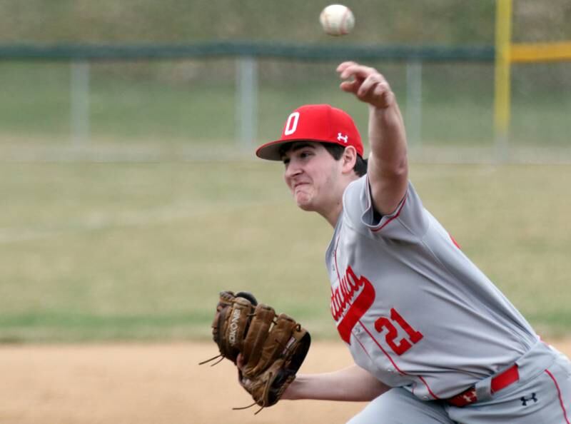 Ottawa's Jack Olson (21) delivers a pitch to St. Bede on Monday, March 21, 2022 at the Academy in Peru.