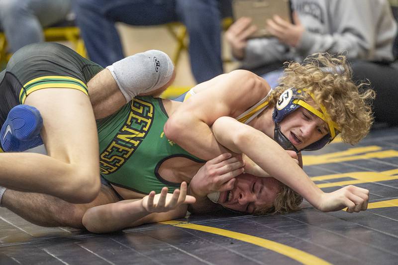 Sterling’s Zyan Westbrook controls Geneseo’s Kie Smith in a 132 pound match Friday, Jan. 31, 2025, during the Western Big 6 conference wrestling tournament held at Sterling High School. Westbrook went on to win the 132-pound title.