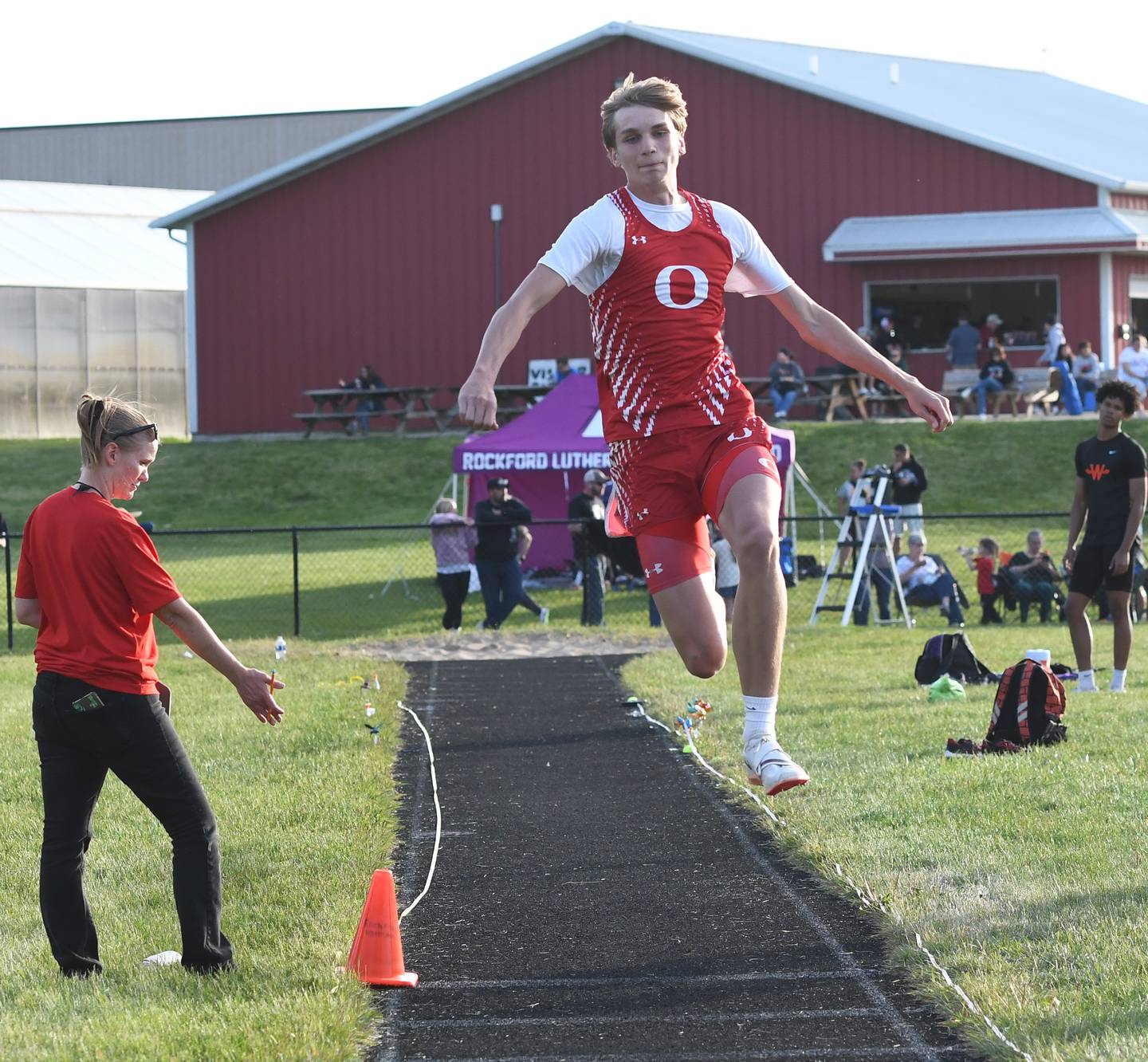 Oregon's Brian Wallace competes in the triple jump at the Big Northern Conference Meet at Stillman Valley on Thursday, May 14, 2026.