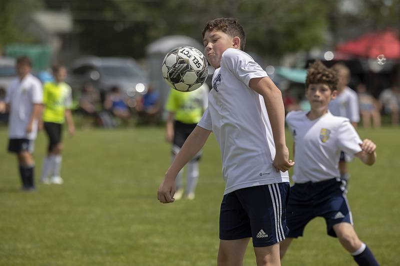Sterling United soccer’s Landon Camacho controls the ball Sunday, May 19, 2024 at Scheid Park in Sterling.