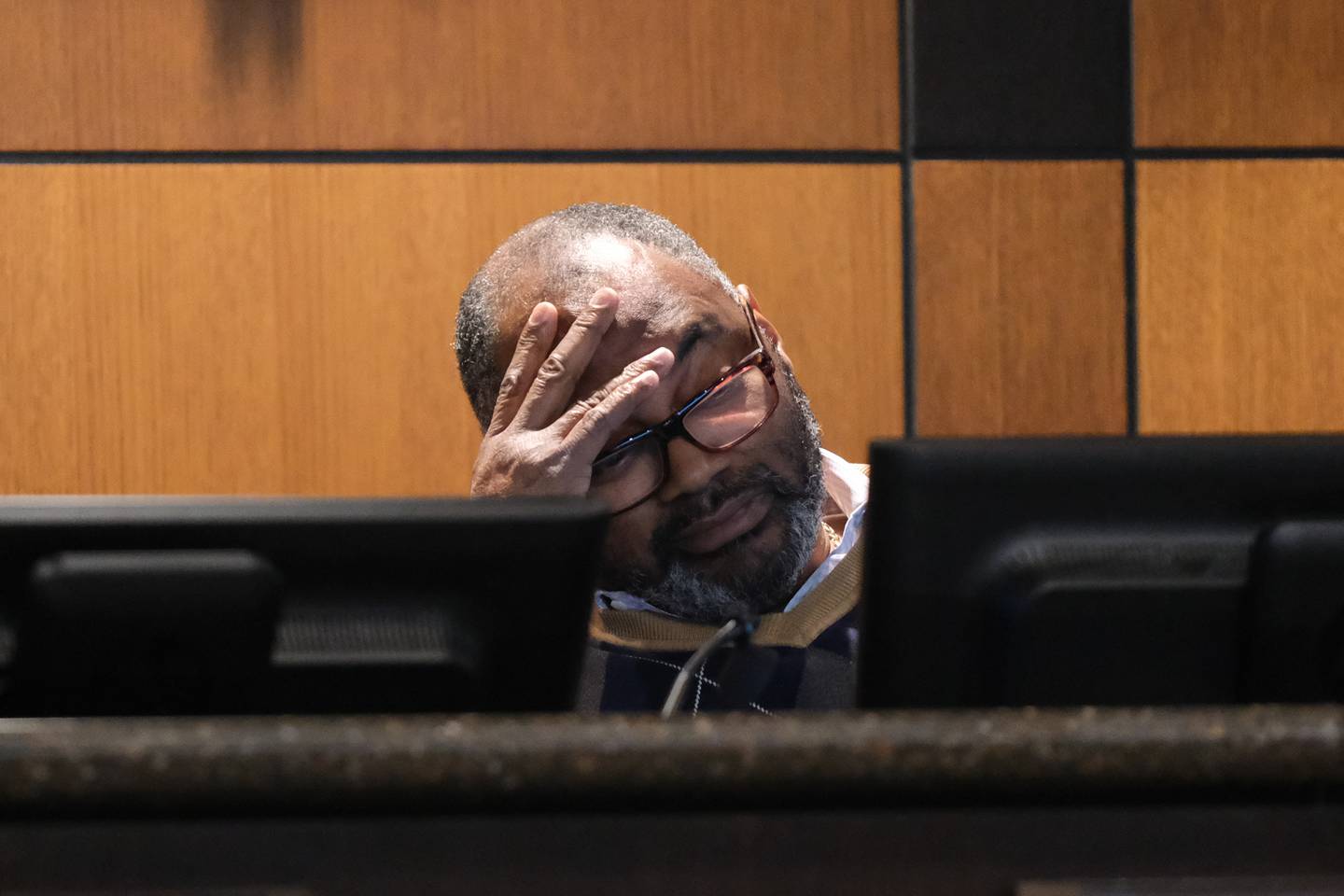 Terry Morris, District 5 Council, becomes visibly frustrated at the meeting for the Police Department Citizen Advisory Board proposal at the Council Chambers in Joliet City Hall. Thursday Oct. 28, 2021.