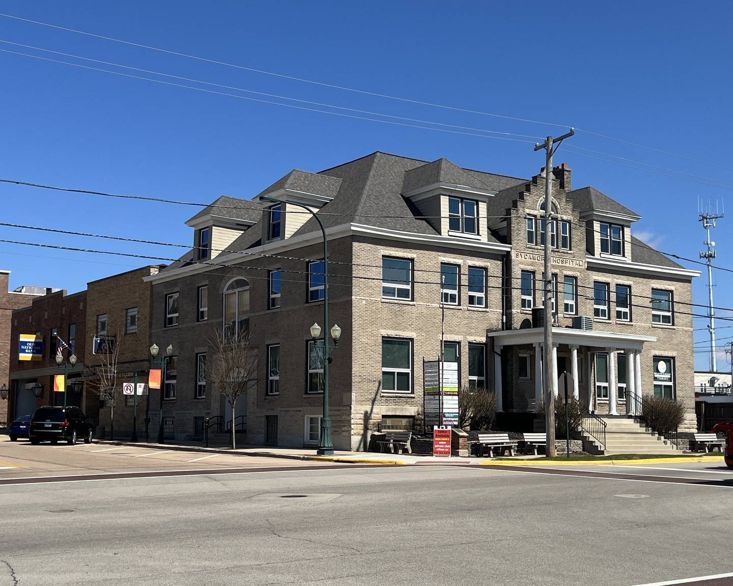 The building that was designed to house Sycamore Surgical Hospital in 1900 is still in use by multiple businesses on March 27, 2026. at the corner of Somonauk and Elm streets in Sycamore.