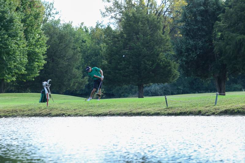 Bishop McNamara's Nolan Andrews hits onto the green during the All-City matchup with Bradley-Bourbonnais and Kankakee on Wednesday, Sept. 24, 2025. The Fightin' Irish earned a 3-point victory over the Boilermakers with a 339-342 final score.