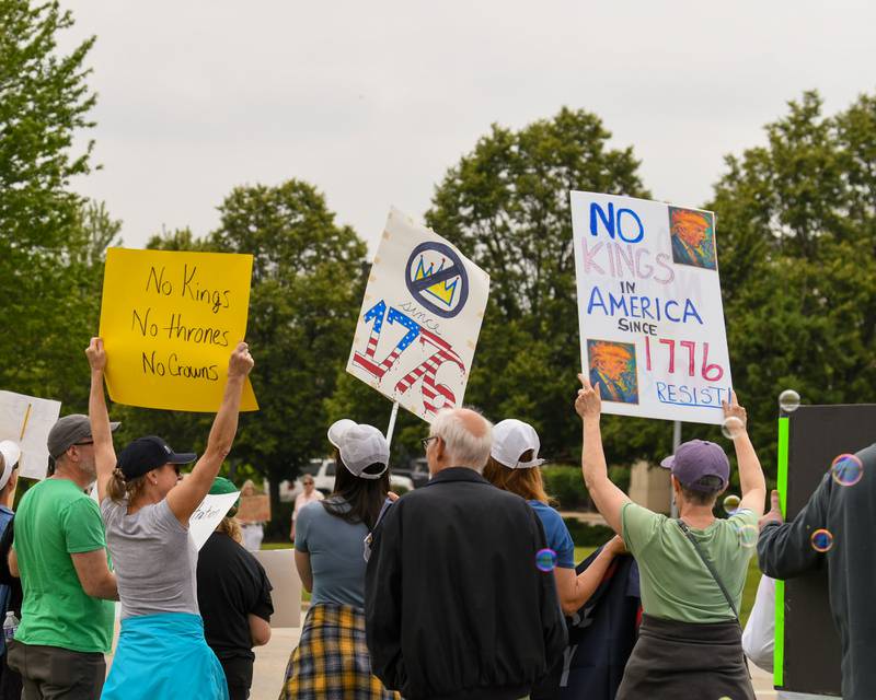 Community members hold signs during the No Kings rally in Lisle on Saturday June 14, 2025, held on Ogden Ave. near the Tesla dealership.